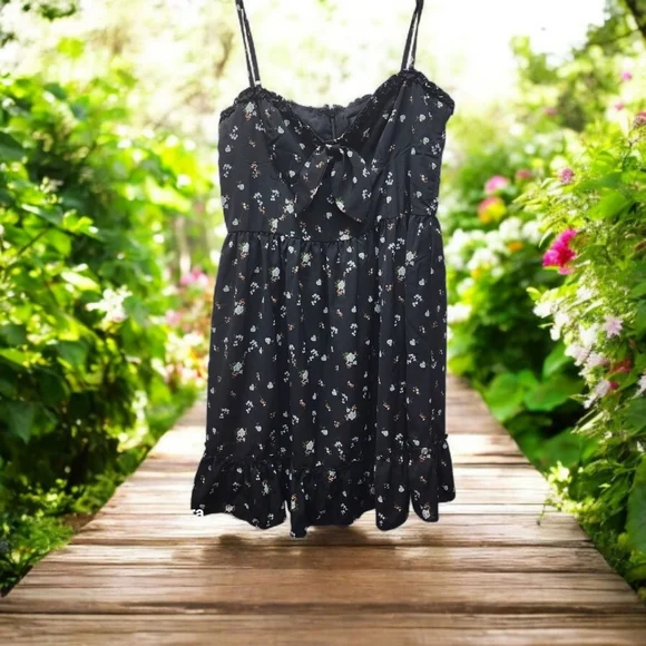 Lulus Cottagecore Black Floral Tie-Front Mini Dress – Size L Boho Romantic Cute - Picture 4 of 13